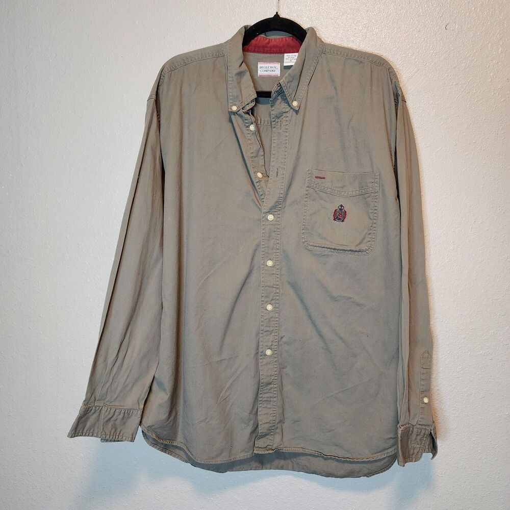 Vintage 90s Bugle Boy Shirt Mens XL Khaki Tan Button Down Long Sleeve Cotton